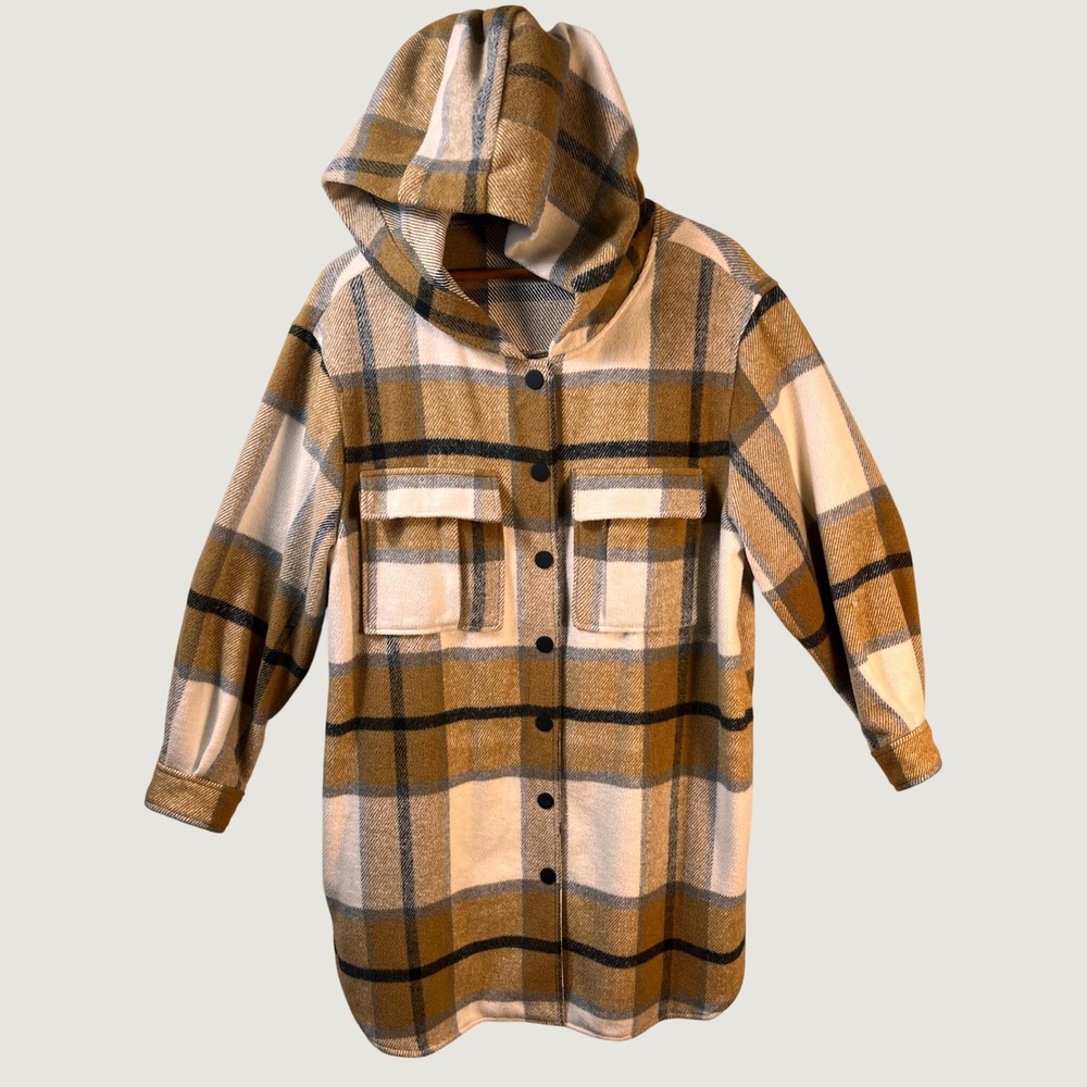 Women's 1XL Plaid Hooded Shacket Long Shirt Jacket Tan Cream Gray Plus Size